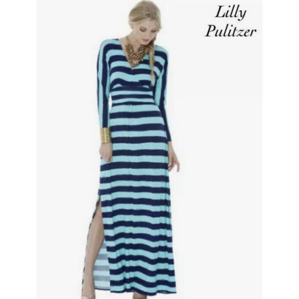 Lilly Pulitzer Riana Maxi Dress Blue Stripes Long Sleeves Beachy VNeck Large